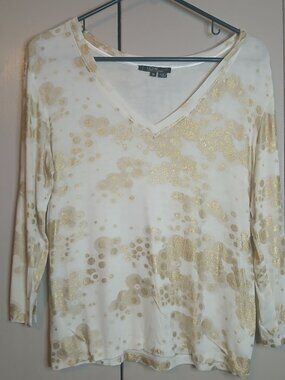 Lior Paris Women's V-Neck Blouse Medium White/Gold Metallic Print (0812P2)